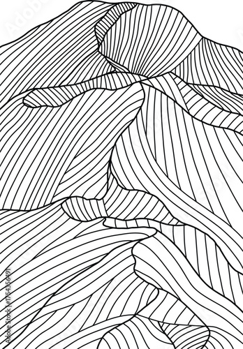 Abstract line art illustration of mountain landscape ridge volcano Mount Batur Kintamani Bali. Black and white texture with contour lines Minimalist geometric pattern