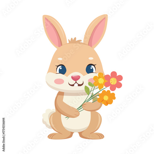 Rabbit cheerfully presenting colorful flowers