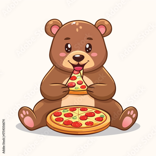 Brown bear joyfully eating pizza slice