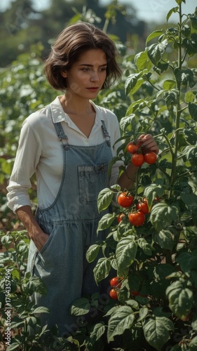Young Farmer Inspects Ripe Cherry Tomatoes Growing in a Lush Green Garden Field Under Natural Sunlight