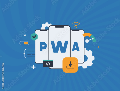 Progressive web apps trends vector illustration. Installable pwa mobile sites with offline access, bridging web and app experiences for cost-effective digital presence. Vector illustration