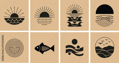 Minimalist Black Sun, Wave, and Ocean Nature Icons - AI Generative