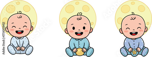 Adorable baby sitting with full moon cartoon illustration for nursery design, baby shower decoration, and bedtime theme