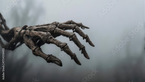 Eerie Skeleton Hand Reaching Out in Foggy Landscape.