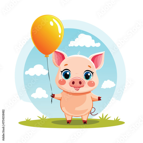 Playful piggy cheerfully holds orange balloon