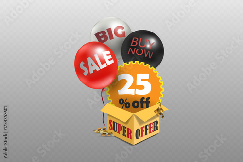 Buy now special offer box with sale balloons and discount label.