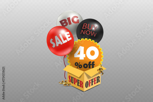 Buy now special offer box with sale balloons and discount label.