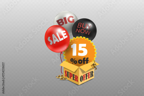 Buy now special offer box with sale balloons and discount label.