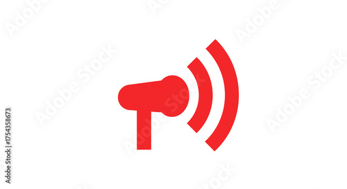 Red Megaphone Icon with Sound Waves on White Background.