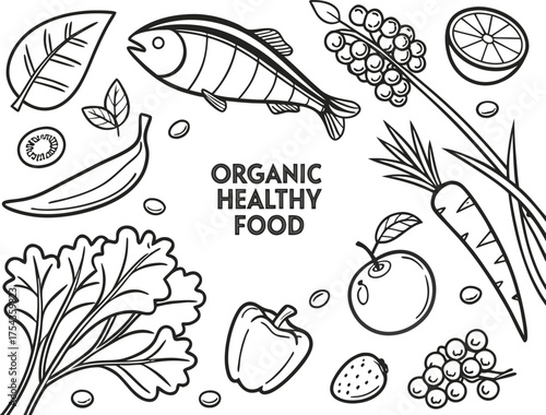Healthy food frame vector illustration. Vegetables, fruits, meat hand drawn. Organic food set