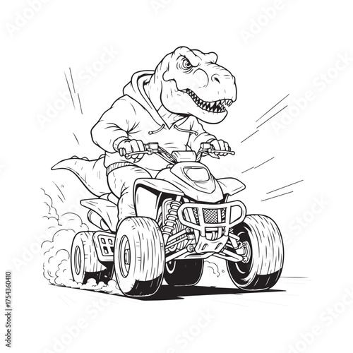 T-Rex on ATV Cartoon Vector, Dinosaur Riding Four Wheeler Adventure Graphic Design