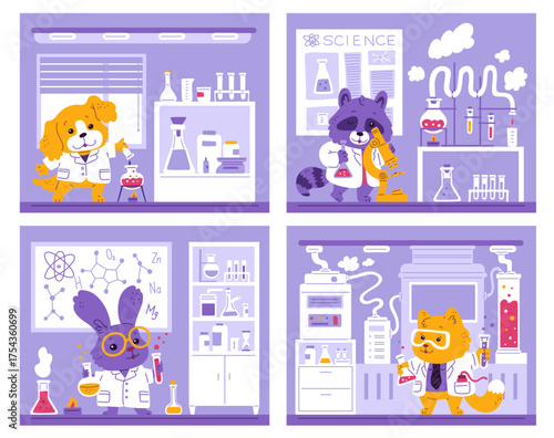 Vector illustration of a set with the image of cute animals-scientists in the laboratory.