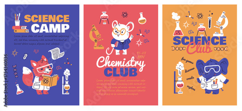 Cute animal scientists. Fox, mouse, elephant. Chemistry.