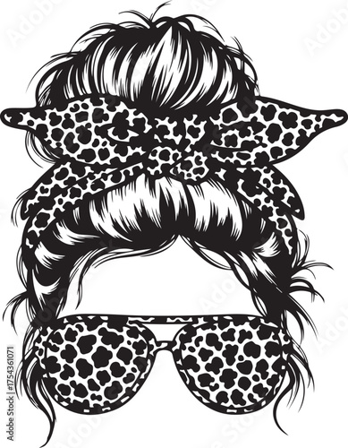 Vector art of woman with messy bun and aviator sunglasses featuring leopard print pattern