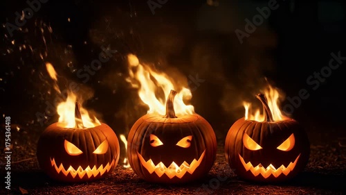 Three Spooky Halloween Jack O Lanterns Burning at Night