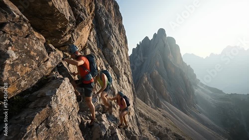 Three People Rock Climbing Steep Mountain Ridge With Backpacks At Sunrise