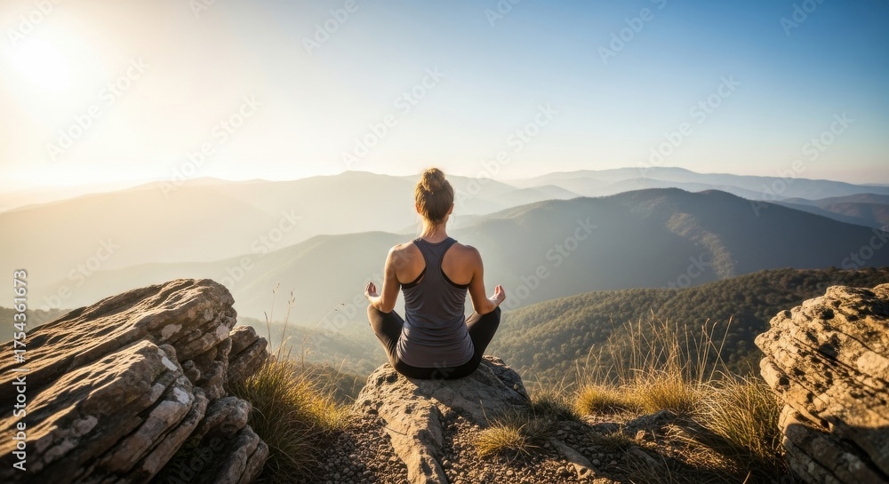 Fototapeta premium Meditation at sunrise on a mountain peak with valley view