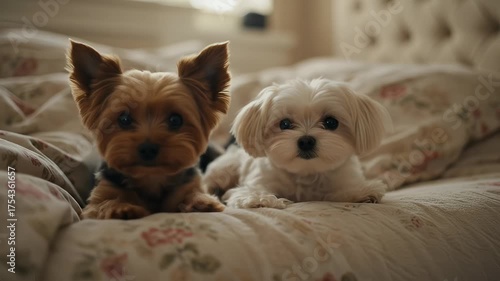 Two Adorable Dogs Yorkshire Terrier And Maltese On A Bed Cozy Realistic Video