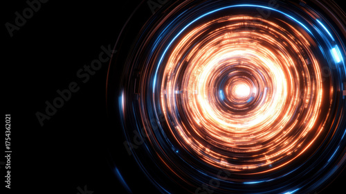 Vibrant, glowing circular pattern radiates with warm orange and cool blue tones, creating mesmerizing visual effect. intricate design suggests energy and movement, evoking sense of dynamism