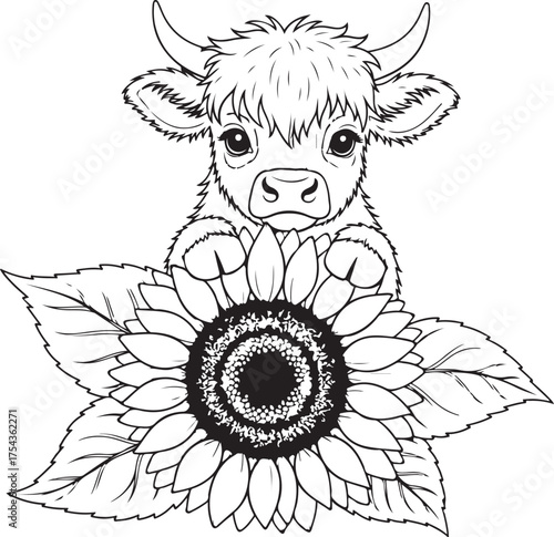 Vector art of cute highland cow with a sunflower