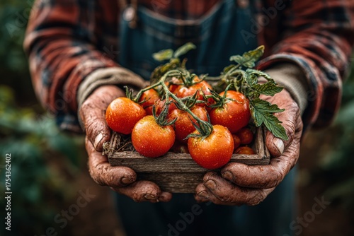 Elderly man with weathered hands holds a wooden crate filled with freshly harvested tomatoes, showcasing the bounty of a fruitful garden in a lush outdoor setting