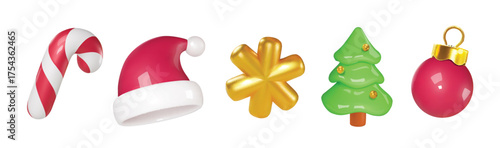 Christmas and New Year holiday decorations 3d icons collection. Christmas tree, snowflake, candy cane, Santa hat, christmas ball and ornaments. cartoon set
