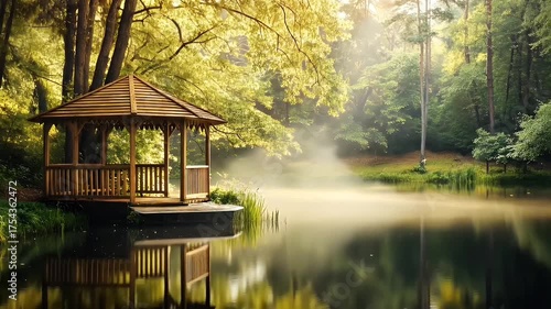 Tranquil Gazebo Surrounded by Lush Trees and Reflections in a Serene Pond during Morning Light