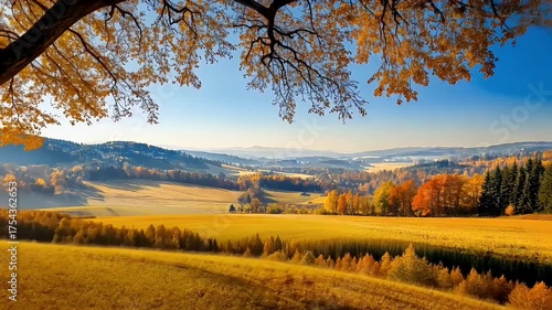 Vibrant Autumn Landscape with Golden Leaves and Clear Blue Sky in Serene Countryside
