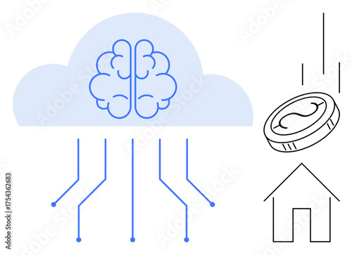 Brain within cloud network connected to smart home technology, coupled with digital coin falling toward a house. Ideal for AI, innovation, IoT, finance, smart living, connectivity, simple flat