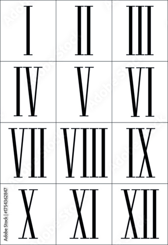 Minimalist Roman numerals I to XII vector grid design illustration
