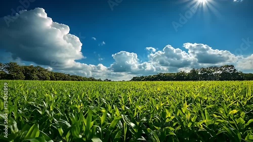 Vibrant Green Corn Field Under Bright Sunshine and Fluffy Clouds on a Clear Blue Sky