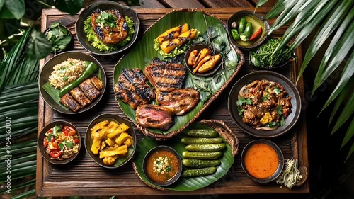 Vibrant Tropical Feast Featuring Grilled Meats and Fresh Vegetables Surrounded by Lush Greenery