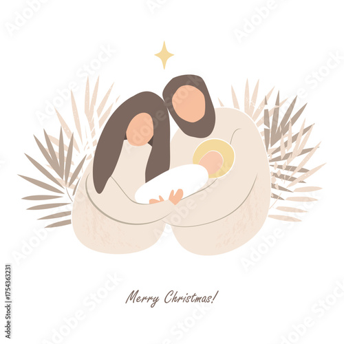 Christmas nativity scene of baby Jesus, Mary and Joseph. Hand drawn stylized bible illustration clipart isolated. Cartoon vector illustration in Scandinavian style