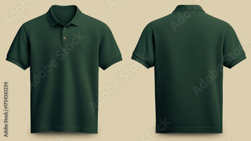 Front and back view of plain forest green polo shirt mockup on beige background, showcasing short sleeves and classic collar design