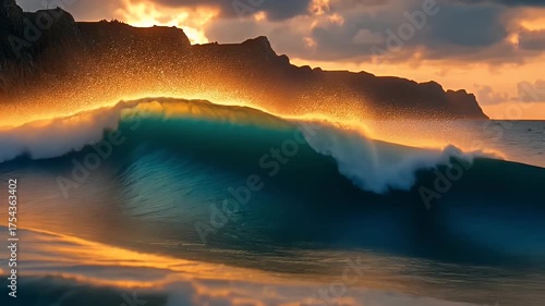 Vivid Ocean Wave Crashing at Sunset with Gold and Orange Hues Reflected on Serene Beach