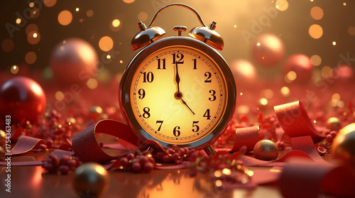A gold clock showing five minutes to midnight, surrounded by ribbons and decorations