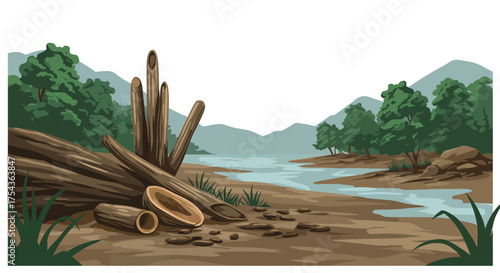 Fallen Logs and Riverbank Landscape with Mountains and Trees.