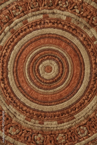 A Close Up View of a Circular Handwoven Mat Featuring Concentric Rings of Intertwined Fibers in Earthy Tones of Brown and Beige Showing Intricate Pattern Details