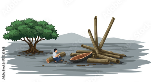 Man crafting a wooden boat near a tree and bamboo logs.