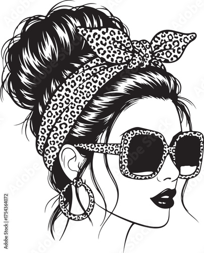 Vector art of stylish woman with messy bun, leopard print bandana, and oversized sunglasses, black and white sketch