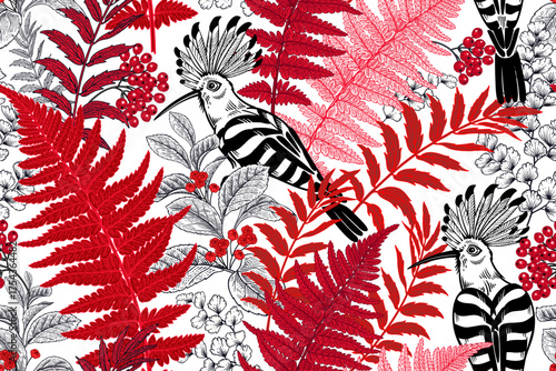 Hoopoe birds, wild rowan berries, forest flowers, fern leaves Seamless pattern. Vector illustration.