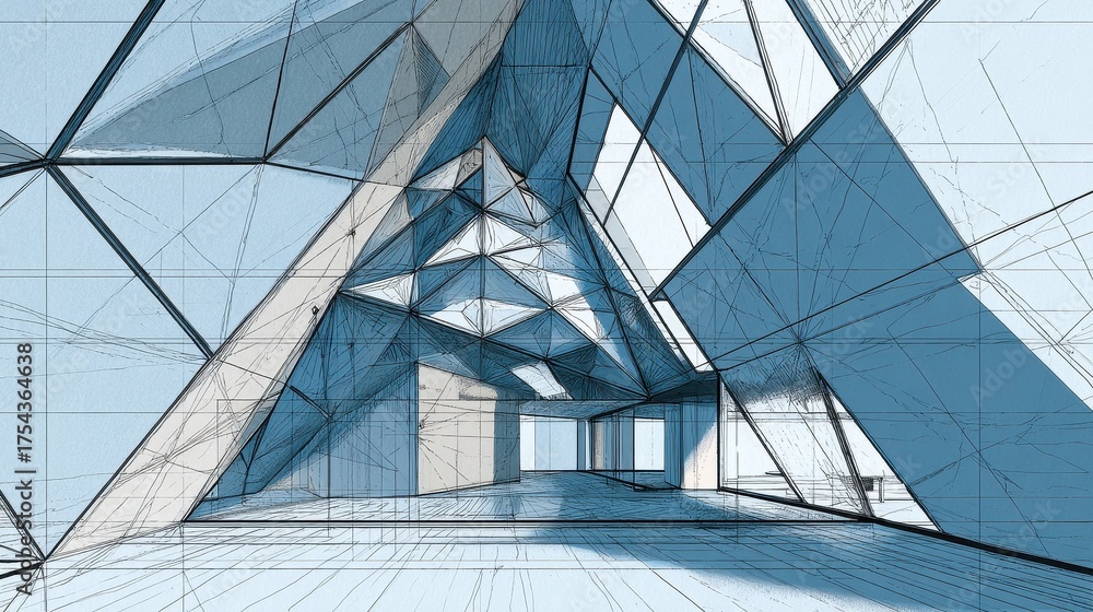 Obraz premium Abstract geometric interior architectural drawing with faceted triangular panels.