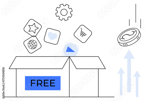 Open box labeled FREE with icons thumbs up star, cart, heart, and globe representing services, apps, or products. Coin and arrows suggest value creation, upward growth. Ideal for business marketing