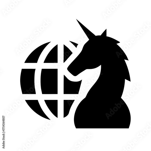 A unicorn head silhouette in front of a globe