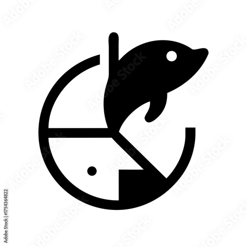 A dolphin jumping through a hoop with a fish below