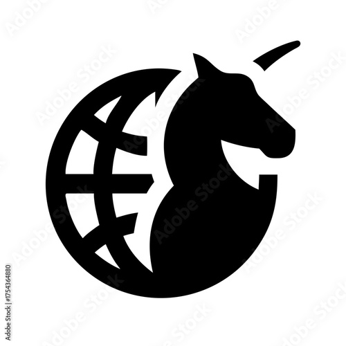 A unicorn head silhouette encircling a globe