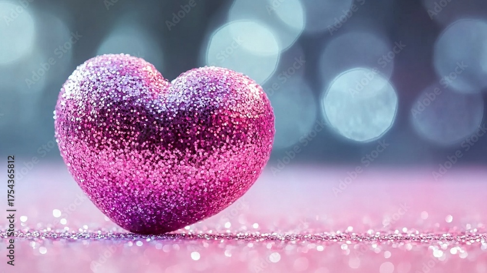 Obraz premium Sparkling Pink Heart Decoration with Dreamy Bokeh Background for Valentine’s Day, Wedding, Card, Poster, Romantic Event Design