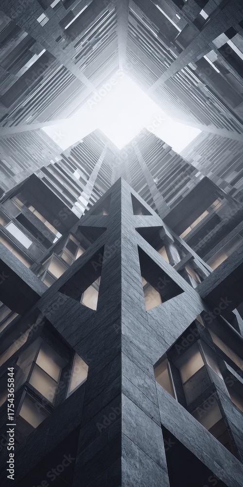 Fototapeta premium Dramatic low angle view of geometric skyscraper reaching the sky.