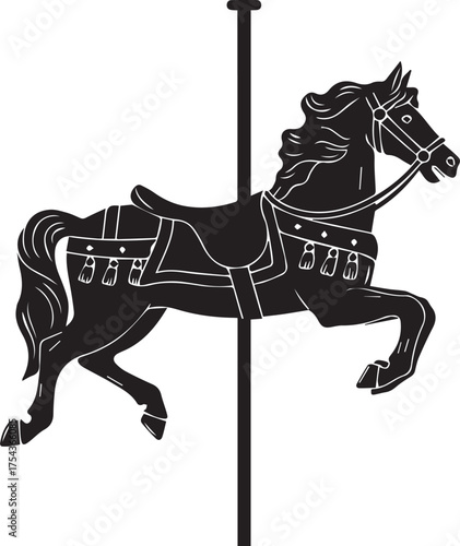 Black silhouette carousel horse with tassels on white background