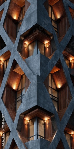 Modern Geometric Facade with Interlocking Concrete and Warm Wood Interiors